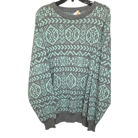 VTG Maser Austria Ski Jacquard Sweater Size 42 Geometric Mint Green Grey - Picture 2 of 9